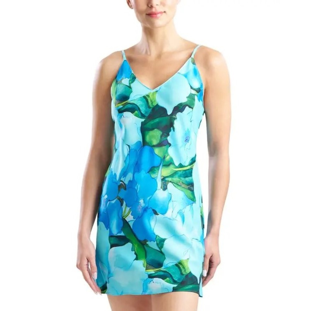 NWT Natori Isla Floral Charmeuse Chemise Blue Green Sleeveless Nightgown L